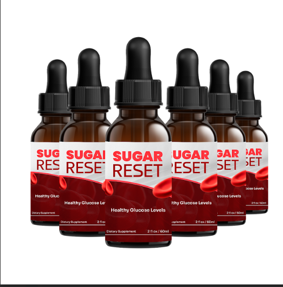 Six amber glass dropper bottles of Sugar Reset dietary supplement arranged in a cluster