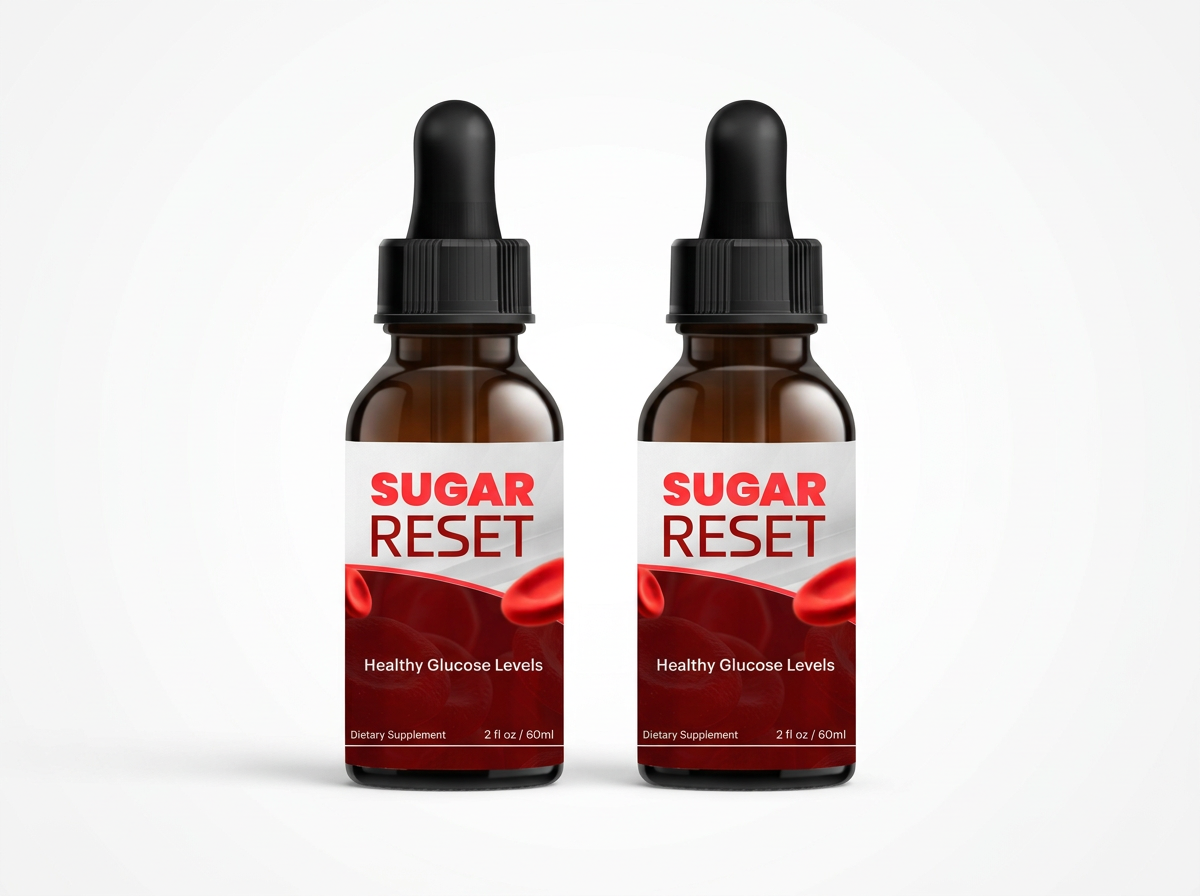 2 amber glass dropper bottles of Sugar Reset dietary supplement