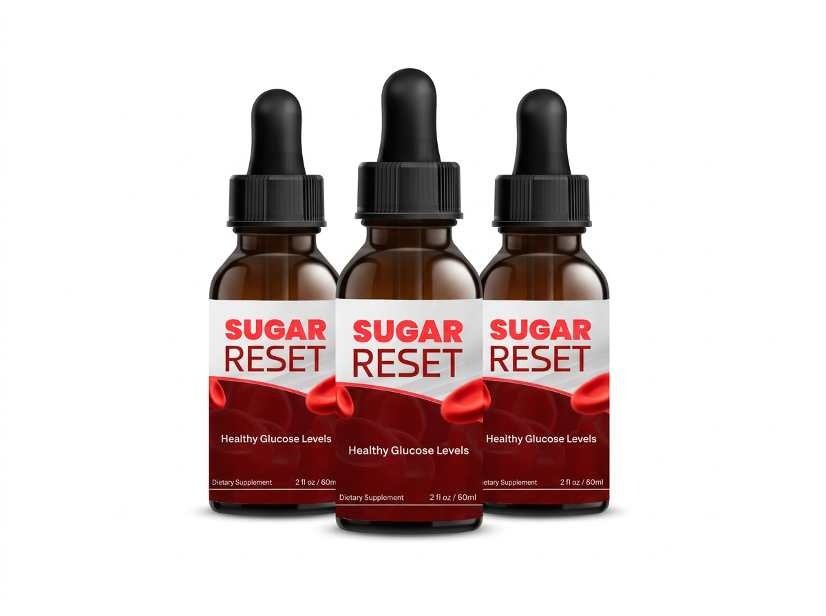 3 amber glass dropper bottles of Sugar Reset dietary supplement